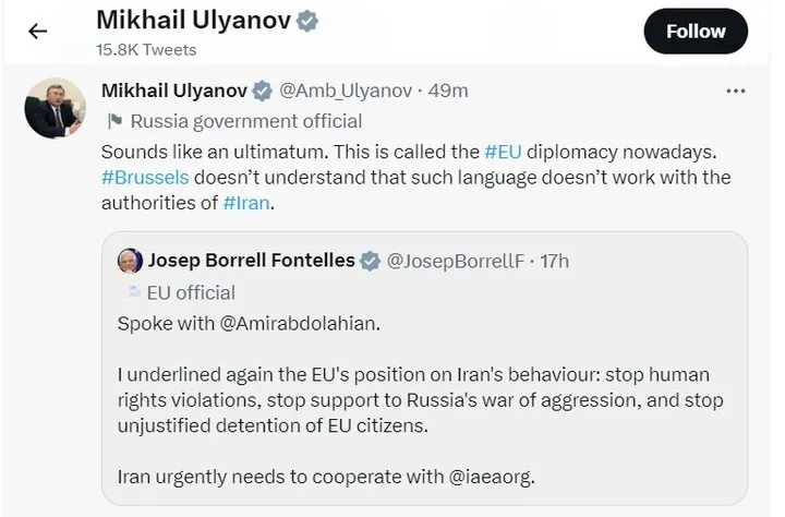 پاسخ تند و تیز اولیانوف به توییت «شبه‌ تهدیدآمیز» بورل علیه ایران